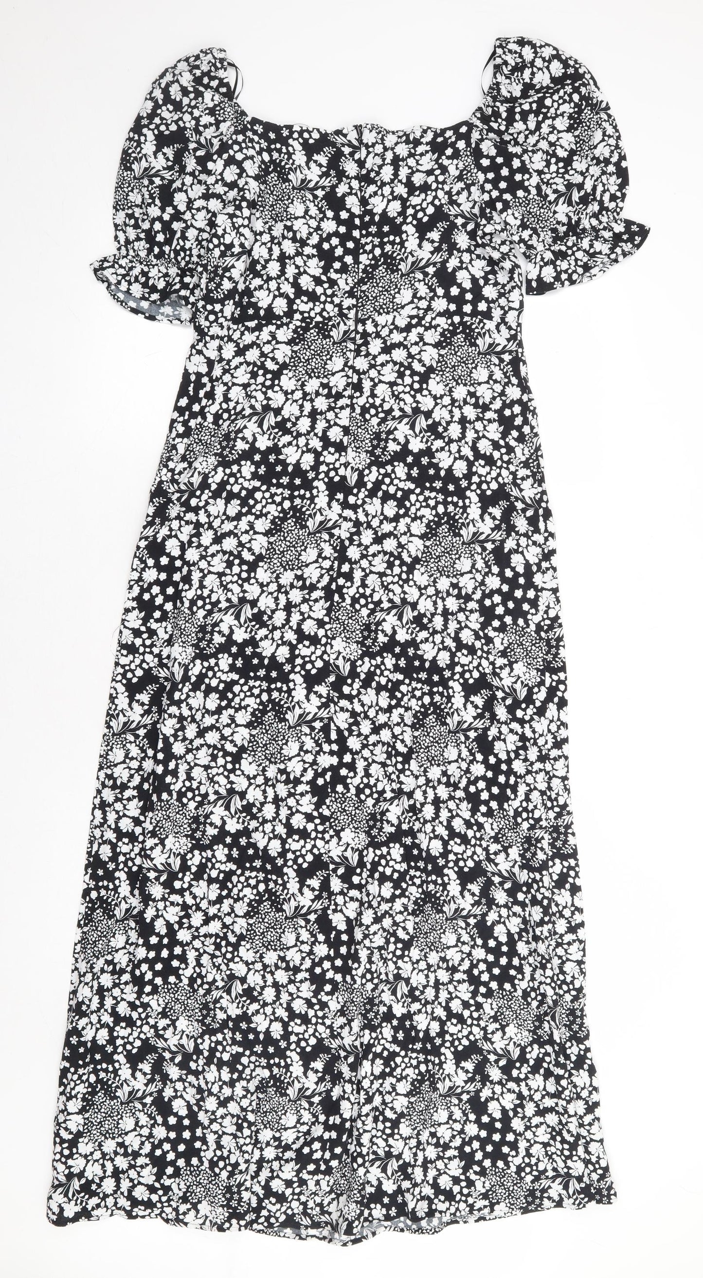 Marks and Spencer Womens Black Floral Viscose A-Line Size 8 Square Neck Zip - Long Length