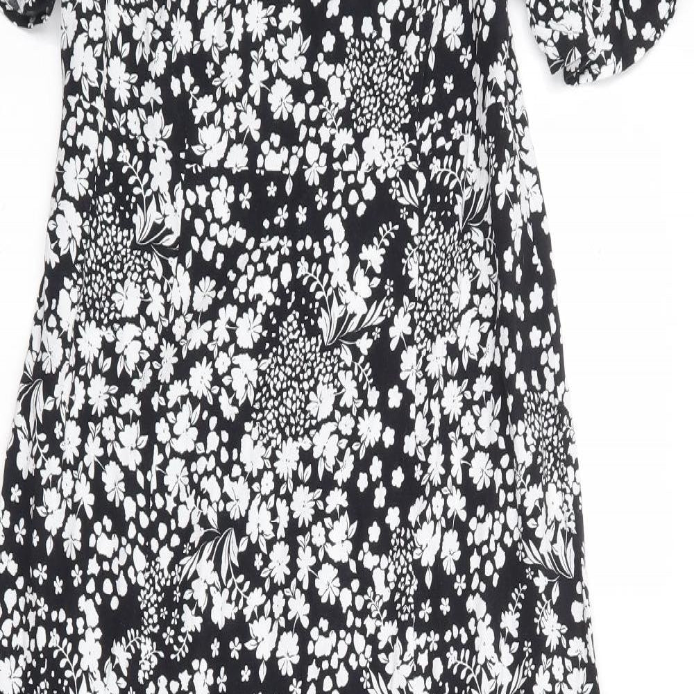 Marks and Spencer Womens Black Floral Viscose A-Line Size 8 Square Neck Zip - Long Length