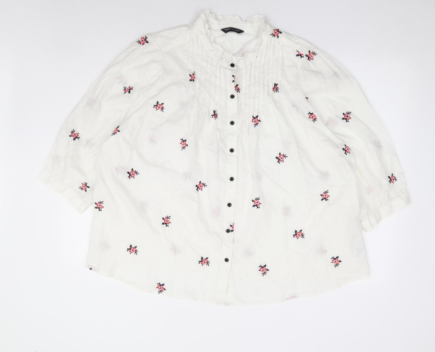 Marks and Spencer Womens White Floral Cotton Basic Button-Up Size 20 Round Neck