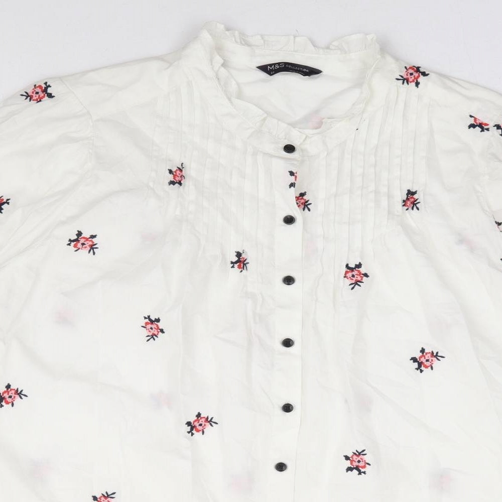 Marks and Spencer Womens White Floral Cotton Basic Button-Up Size 20 Round Neck