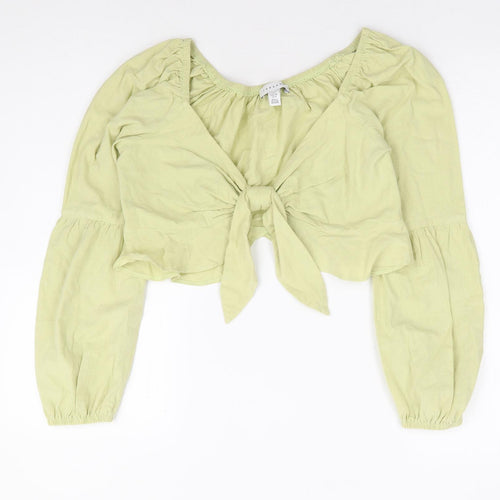 Topshop Womens Green 100% Cotton Cropped Blouse Size 8 V-Neck