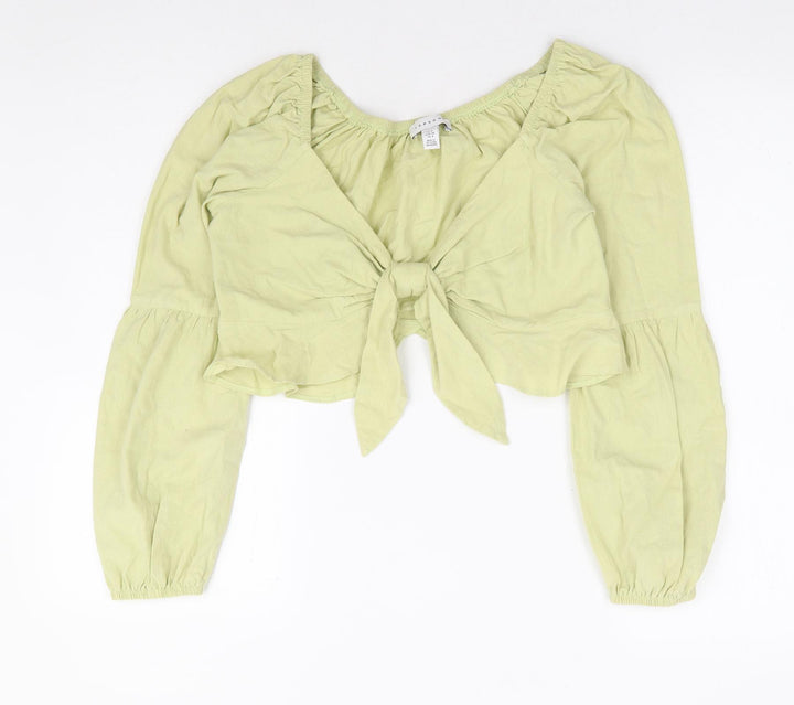 Topshop Womens Green 100% Cotton Cropped Blouse Size 8 V-Neck