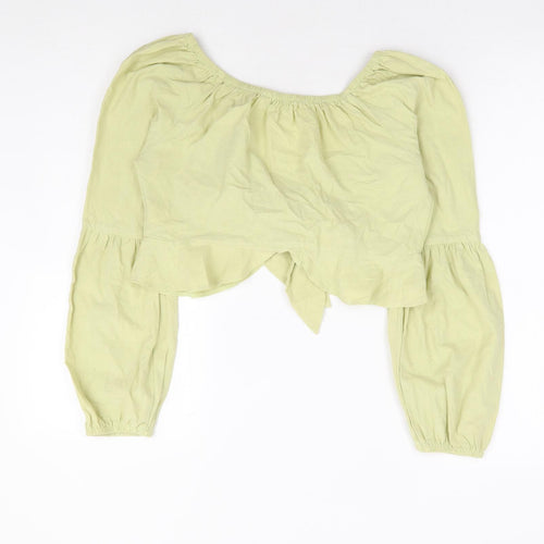 Topshop Womens Green 100% Cotton Cropped Blouse Size 8 V-Neck