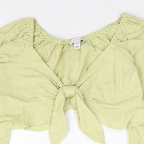 Topshop Womens Green 100% Cotton Cropped Blouse Size 8 V-Neck