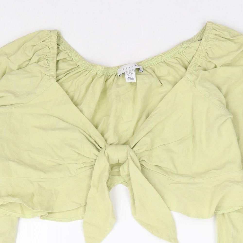 Topshop Womens Green 100% Cotton Cropped Blouse Size 8 V-Neck