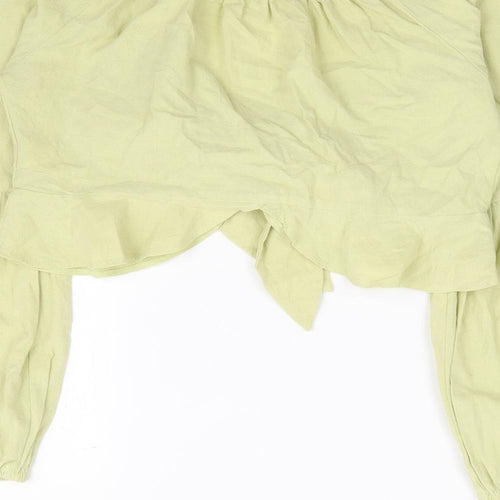 Topshop Womens Green 100% Cotton Cropped Blouse Size 8 V-Neck