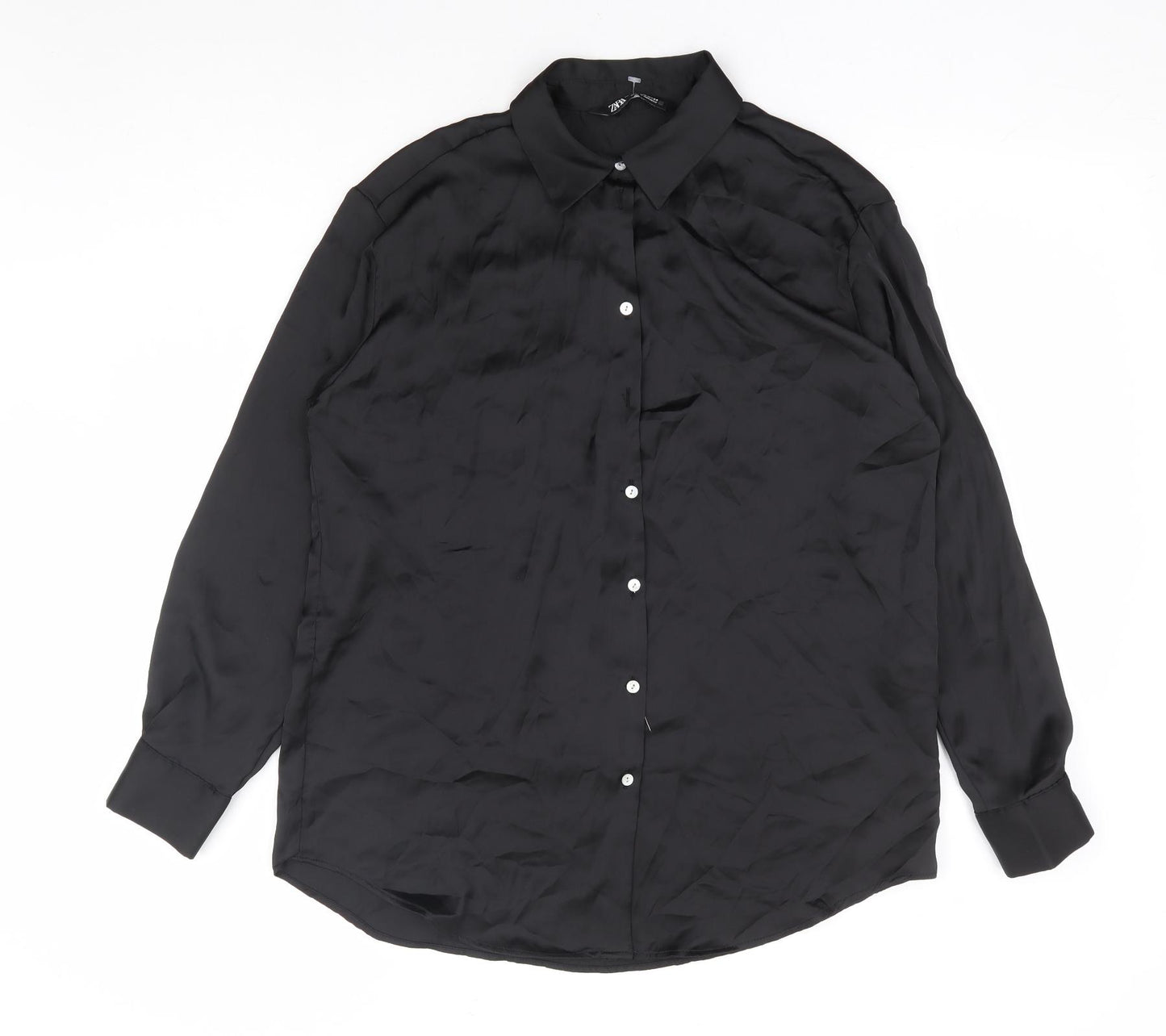 Zara Womens Black Polyester Basic Button-Up Size XS Collared