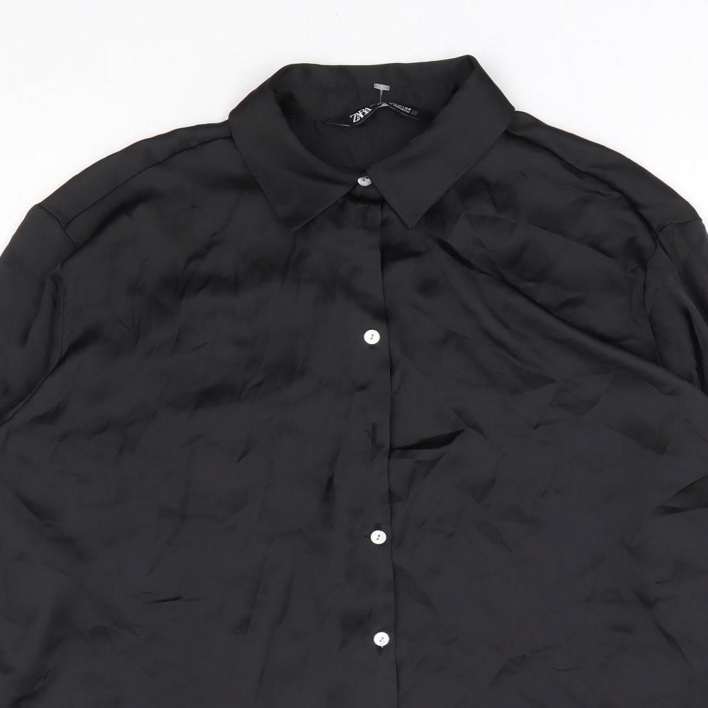 Zara Womens Black Polyester Basic Button-Up Size XS Collared