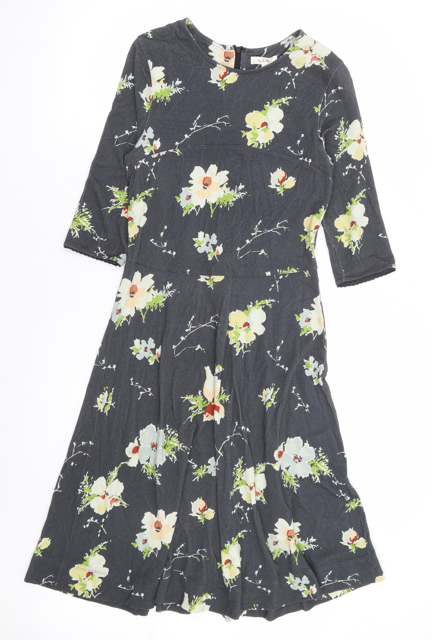 Ti Mo Womens Grey Floral Polyester Fit & Flare Size S Round Neck Zip