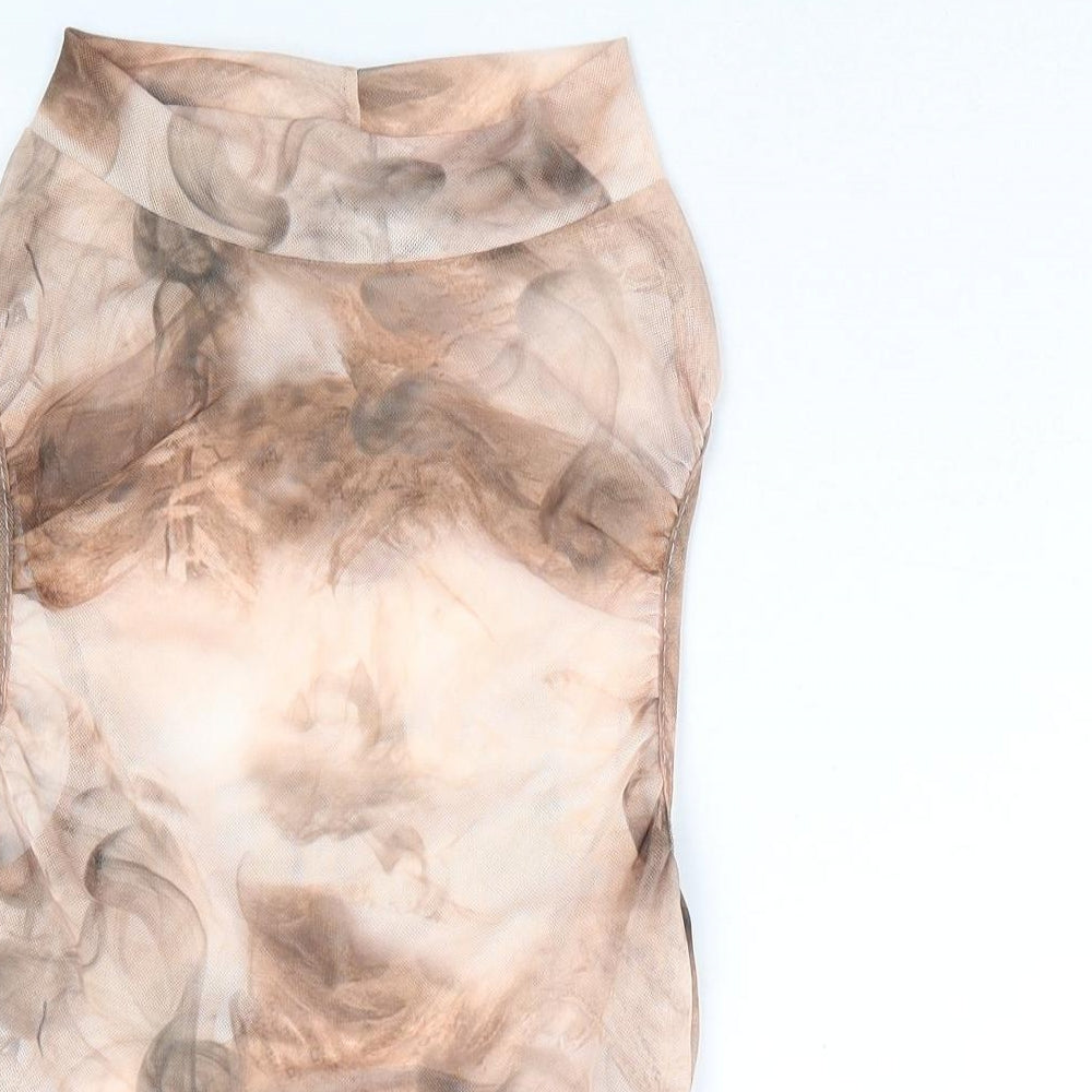 PRETTYLITTLETHING Womens Beige Geometric Polyester Basic Tank Size 8 Mock Neck - Ruched Sides