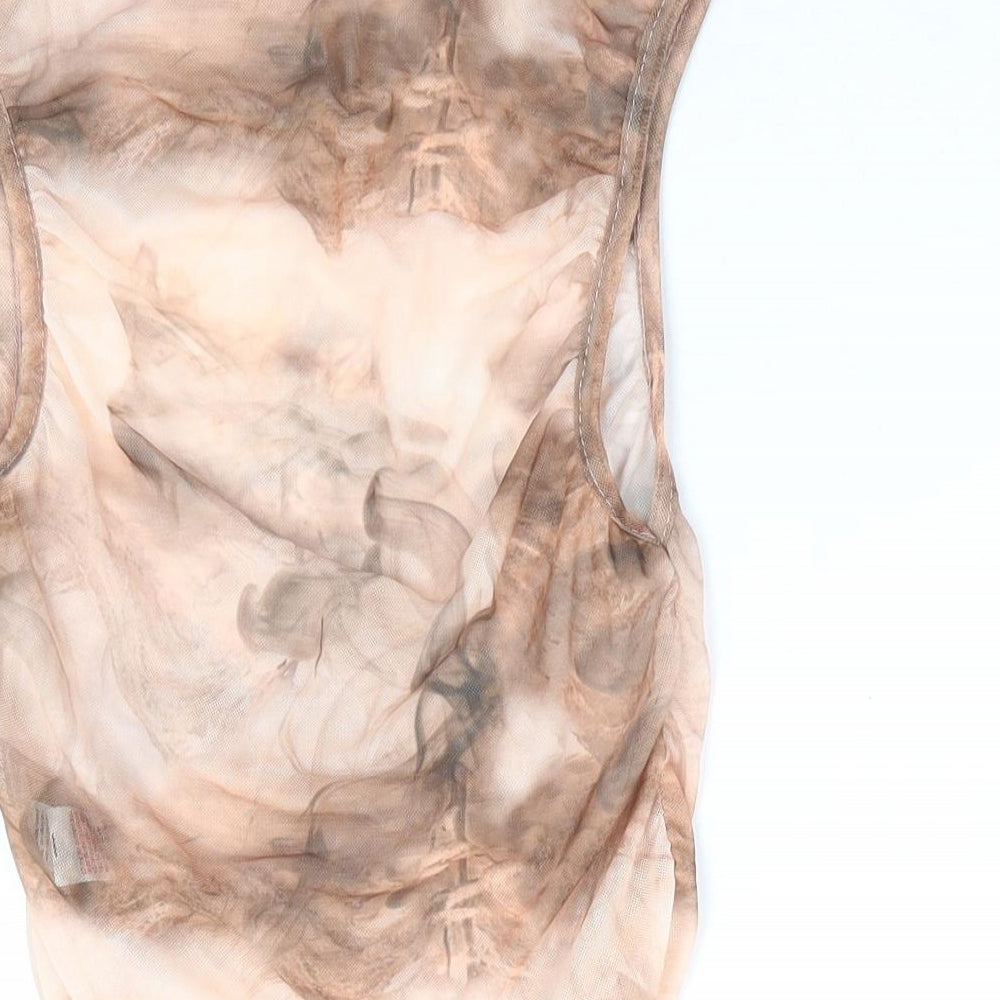 PRETTYLITTLETHING Womens Beige Geometric Polyester Basic Tank Size 8 Mock Neck - Ruched Sides