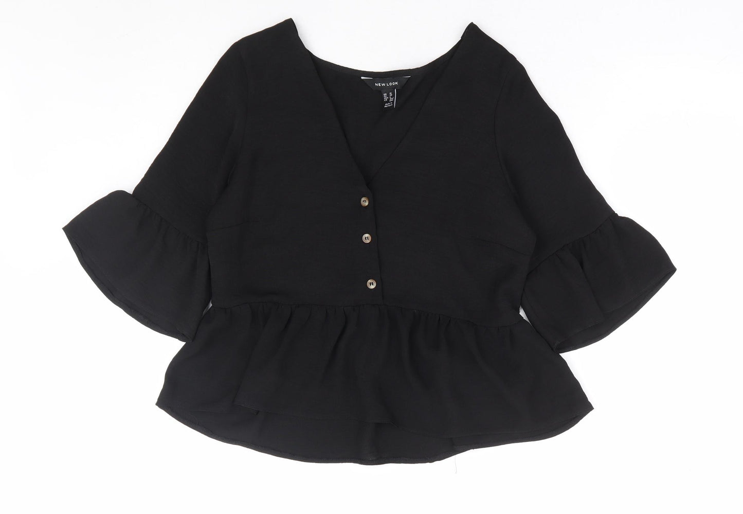 New Look Womens Black Polyester Basic Blouse Size 10 V-Neck - Smock Peplum