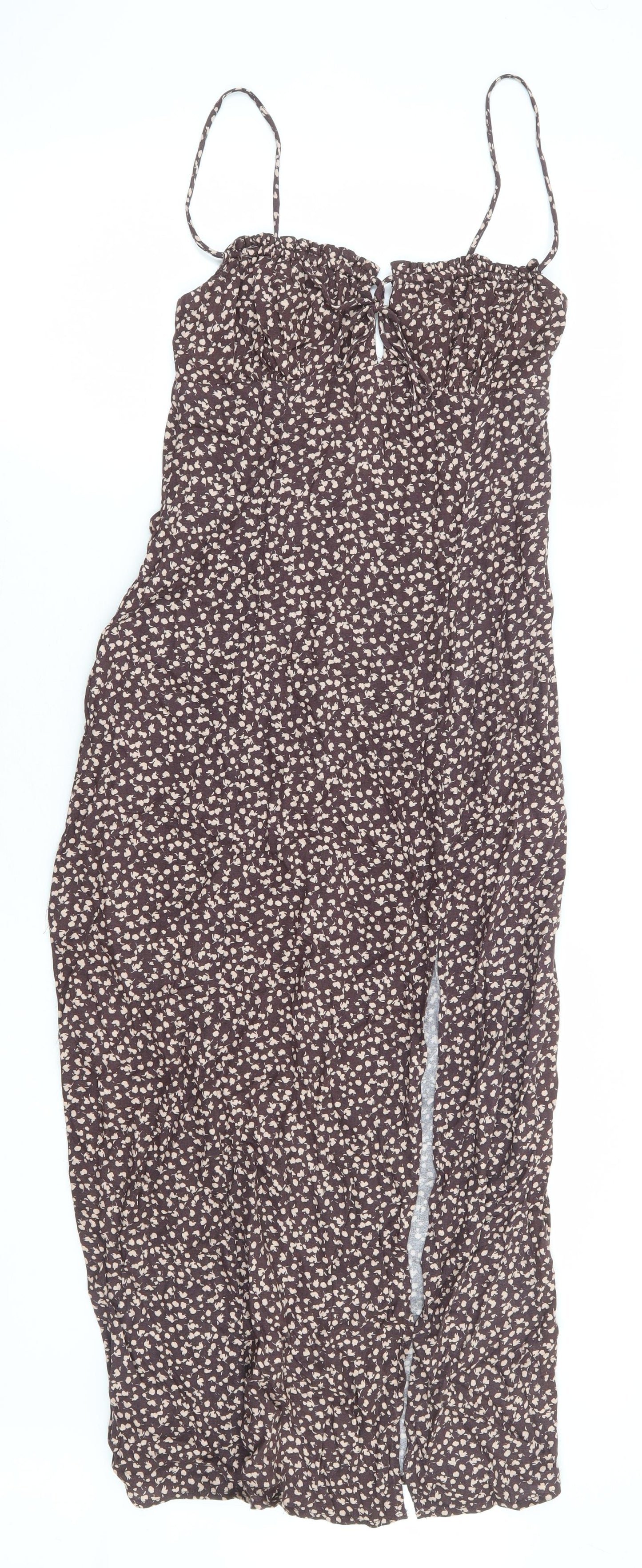 Pull & Bear Womens Brown Floral Polyester A-Line Size S Sweetheart Zip