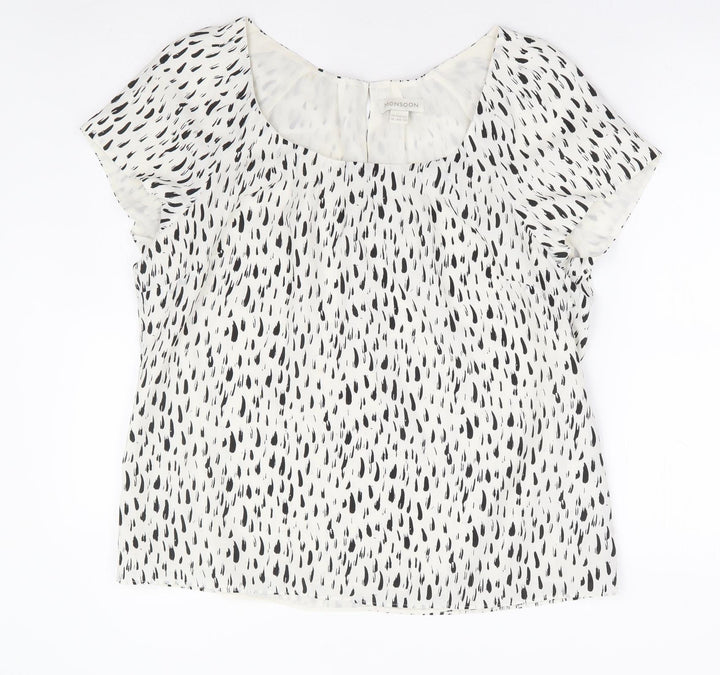 Monsoon Womens White Geometric Polyester Basic Blouse Size 16 Scoop Neck