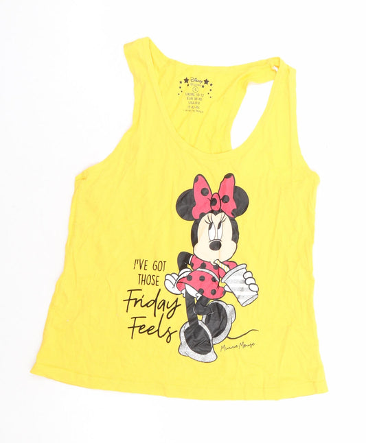 Front view of Primark women’s yellow 100% cotton basic t-shirt, size UK 10, scoop neck - minnie mouse friday feels