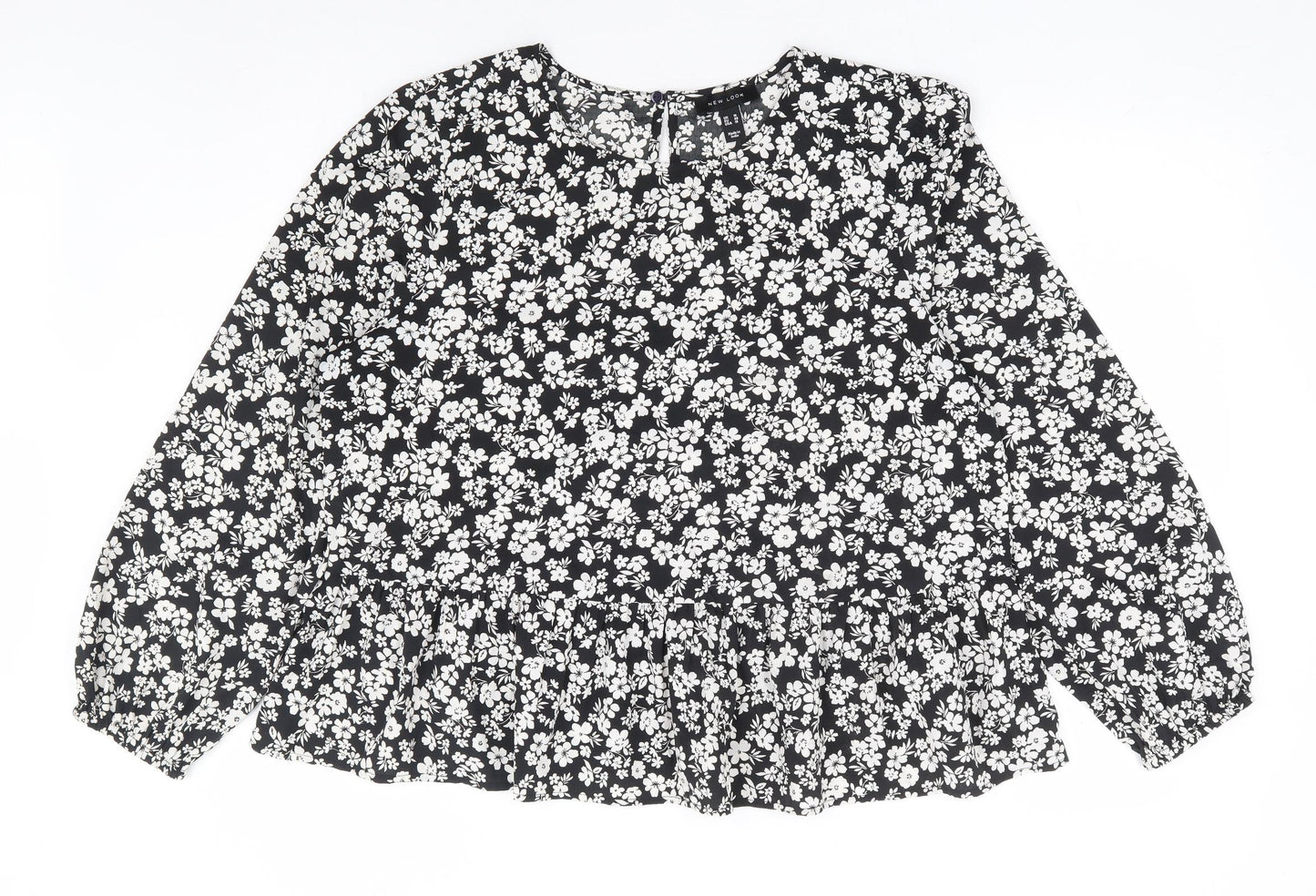 New Look Womens Black Floral Polyester Basic Blouse Size 18 Round Neck - Smock Peplum