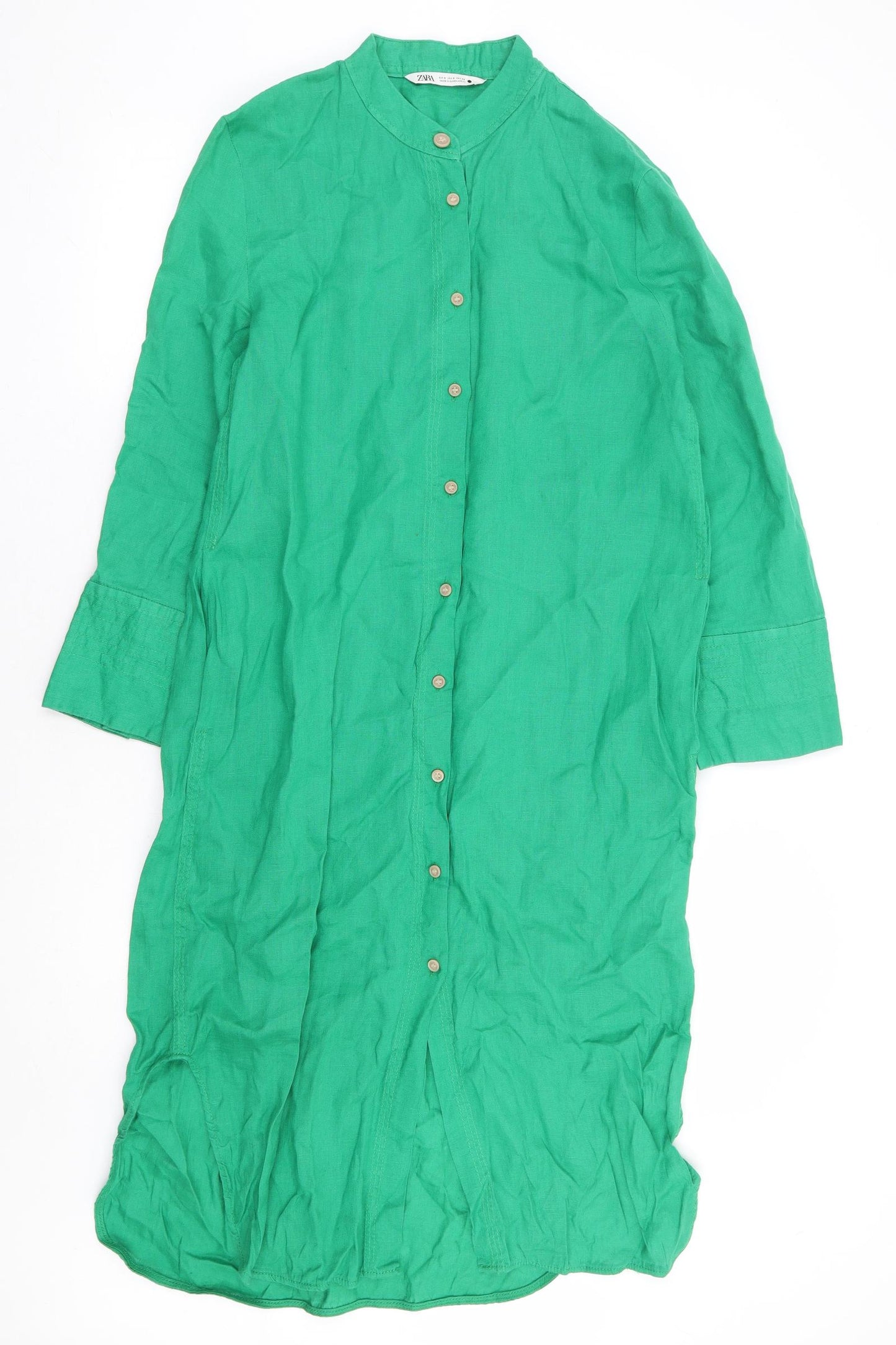 Zara Womens Green Linen Shirt Dress Size S Round Neck Button