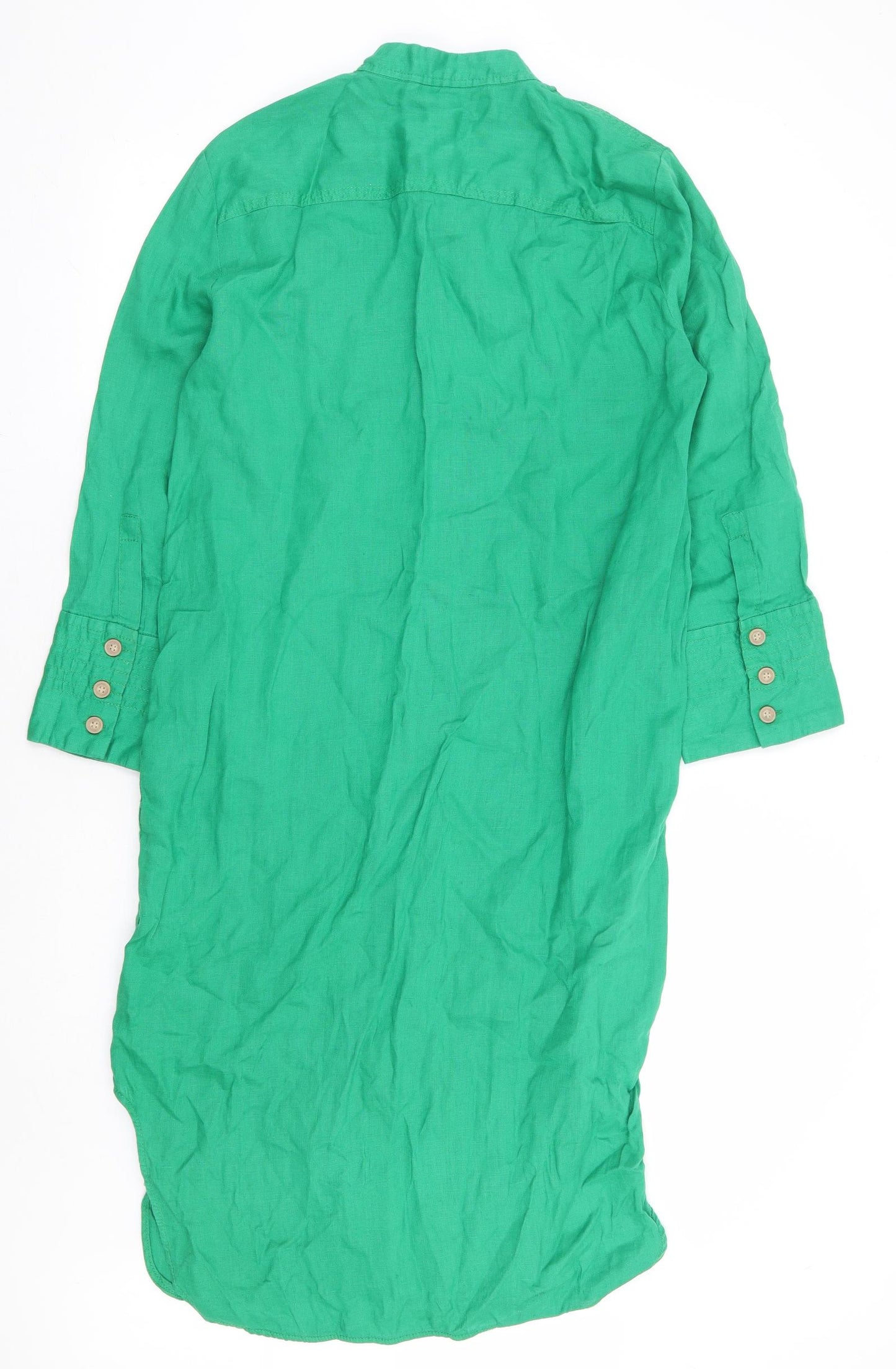 Zara Womens Green Linen Shirt Dress Size S Round Neck Button