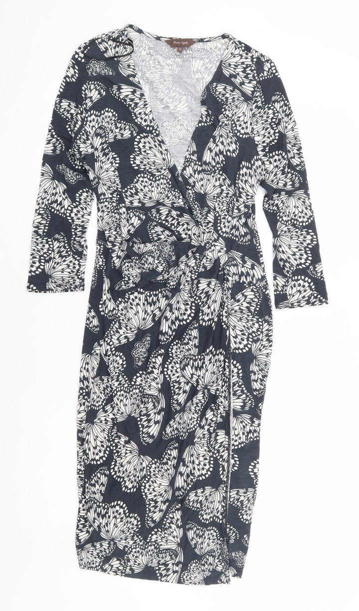 Phase Eight Womens Grey Geometric Viscose Wrap Dress Size 10 V-Neck Pullover - Butterfly Faux Wrap