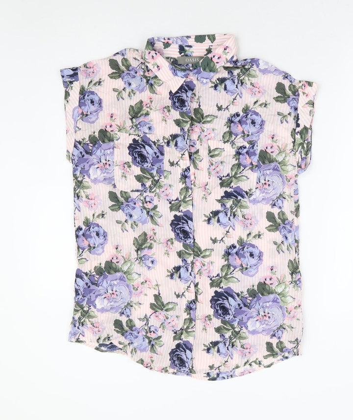 Oasis Womens Pink Floral Viscose Basic Button-Up Size 10 Collared