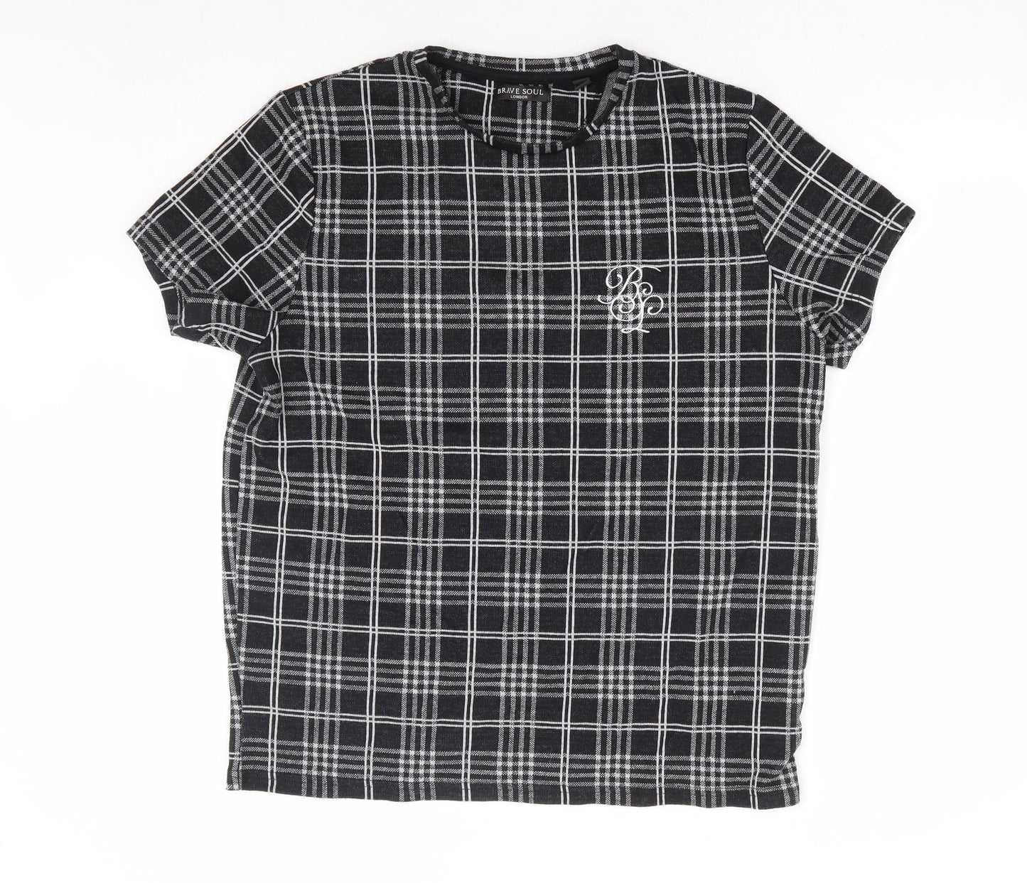 Brave Soul Mens Black Plaid Polyester T-Shirt Size L Round Neck