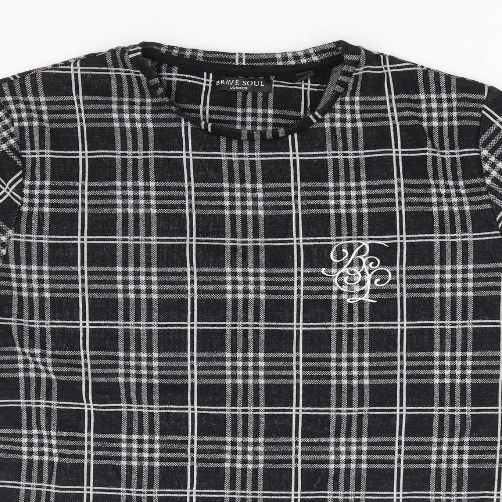Brave Soul Mens Black Plaid Polyester T-Shirt Size L Round Neck