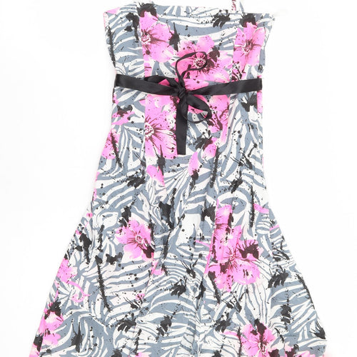 West One Womens Grey Floral Cotton Fit & Flare Size 8 Square Neck Zip