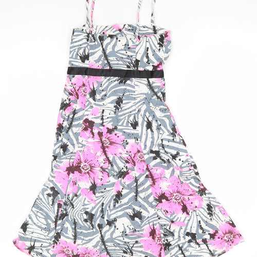 West One Womens Grey Floral Cotton Fit & Flare Size 8 Square Neck Zip