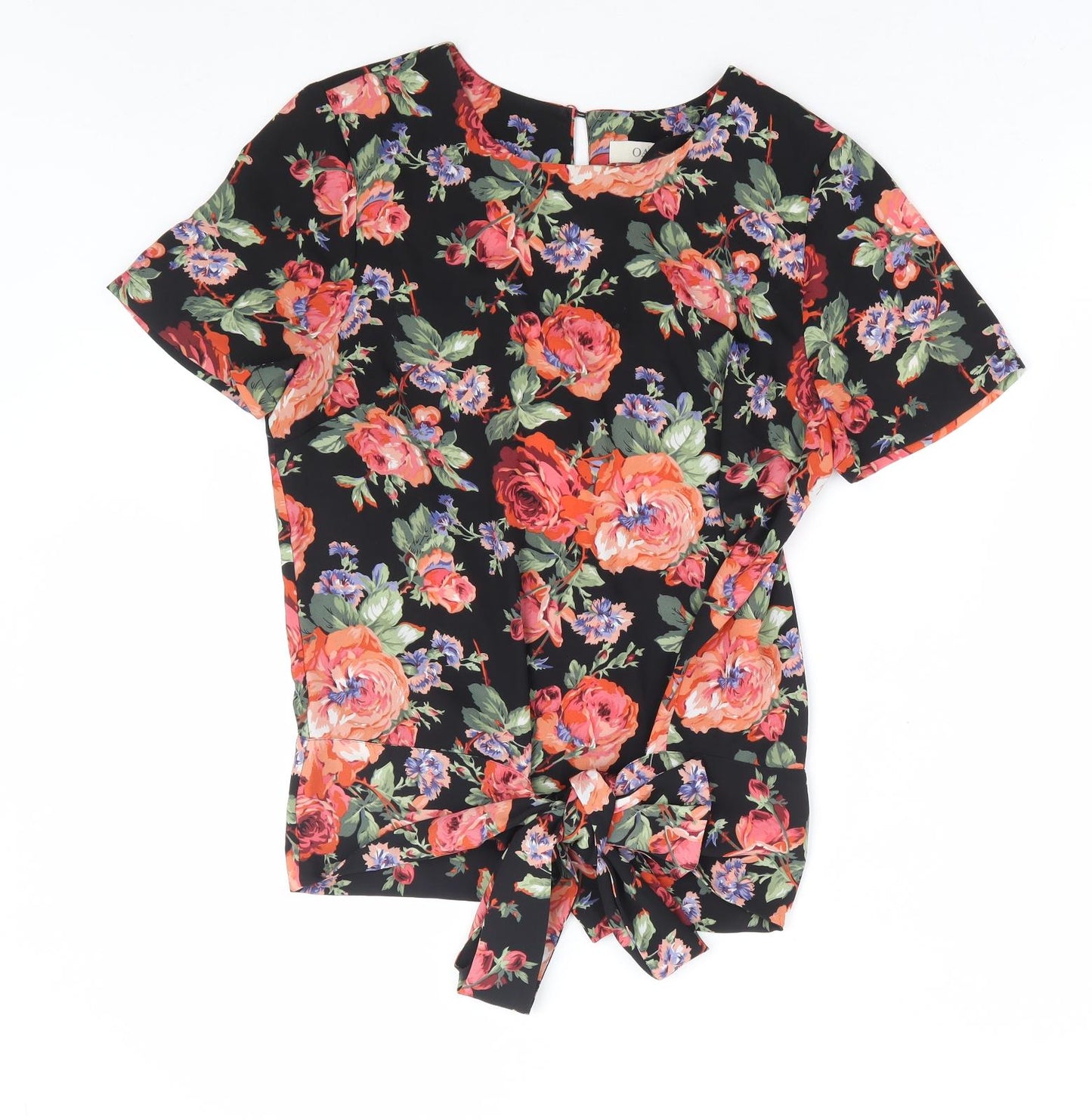 Oasis Womens Black Floral Polyester Basic Blouse Size 10 Round Neck - Tie Front