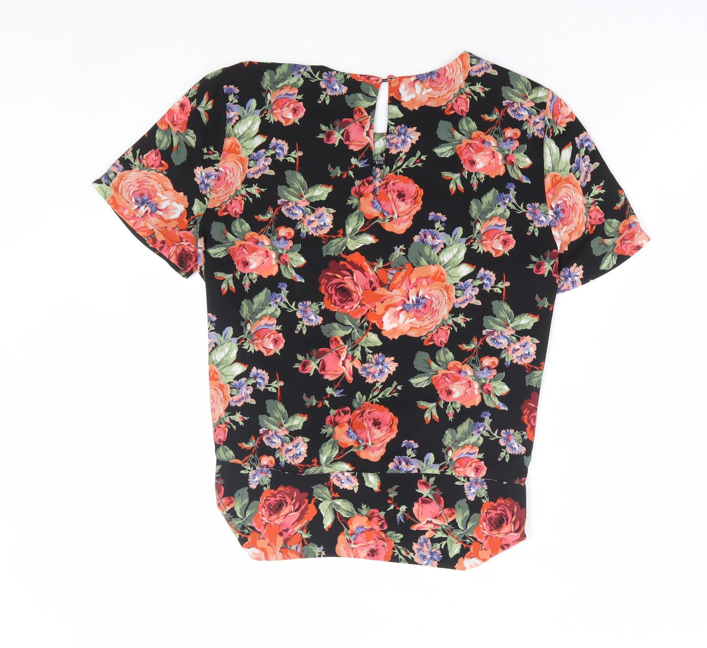 Oasis Womens Black Floral Polyester Basic Blouse Size 10 Round Neck - Tie Front