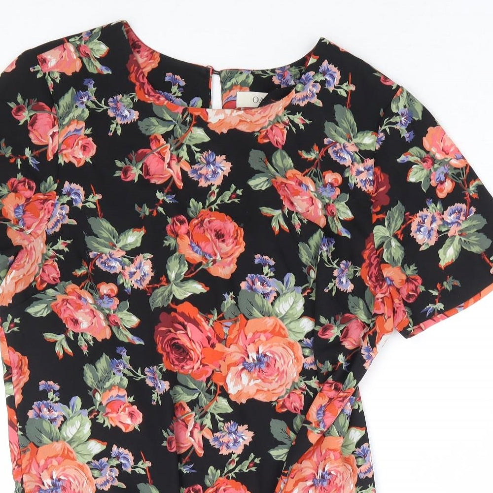 Oasis Womens Black Floral Polyester Basic Blouse Size 10 Round Neck - Tie Front