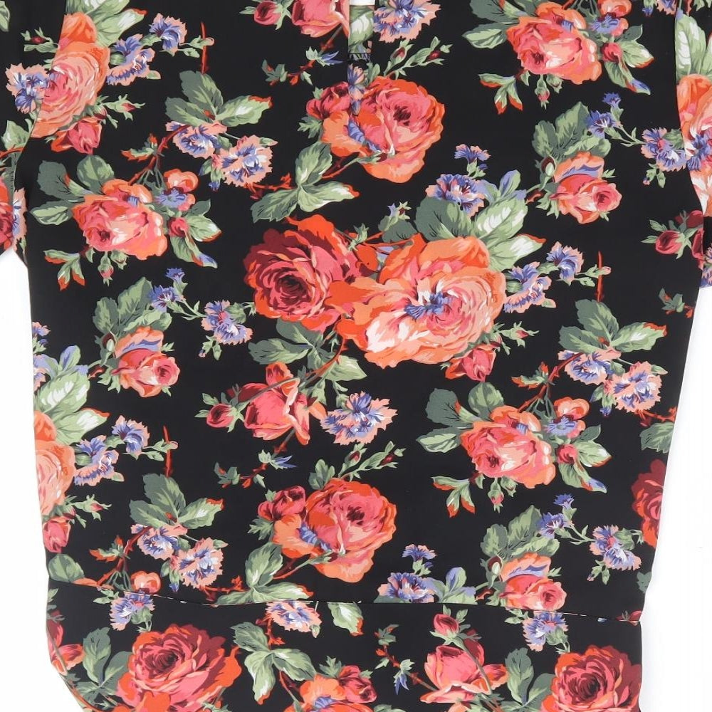Oasis Womens Black Floral Polyester Basic Blouse Size 10 Round Neck - Tie Front