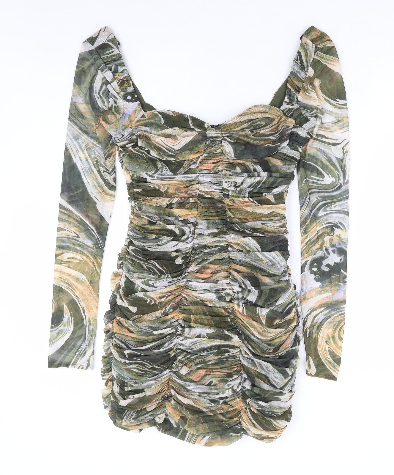 Zara Womens Green Geometric Polyester Bodycon Size M Scoop Neck Zip