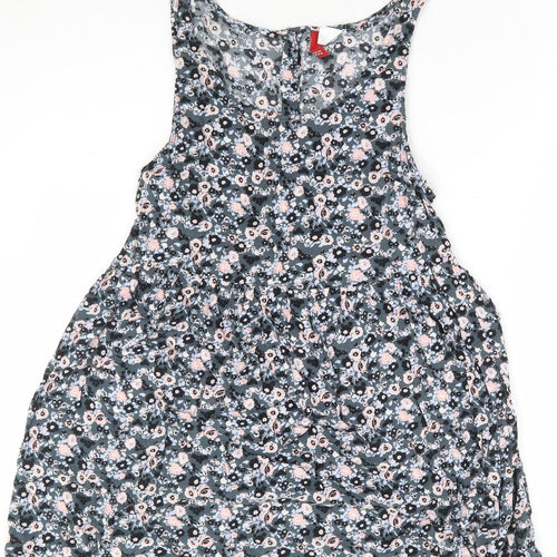 Divided by H&M Womens Grey Floral Viscose Fit & Flare Size 10 Scoop Neck Button
