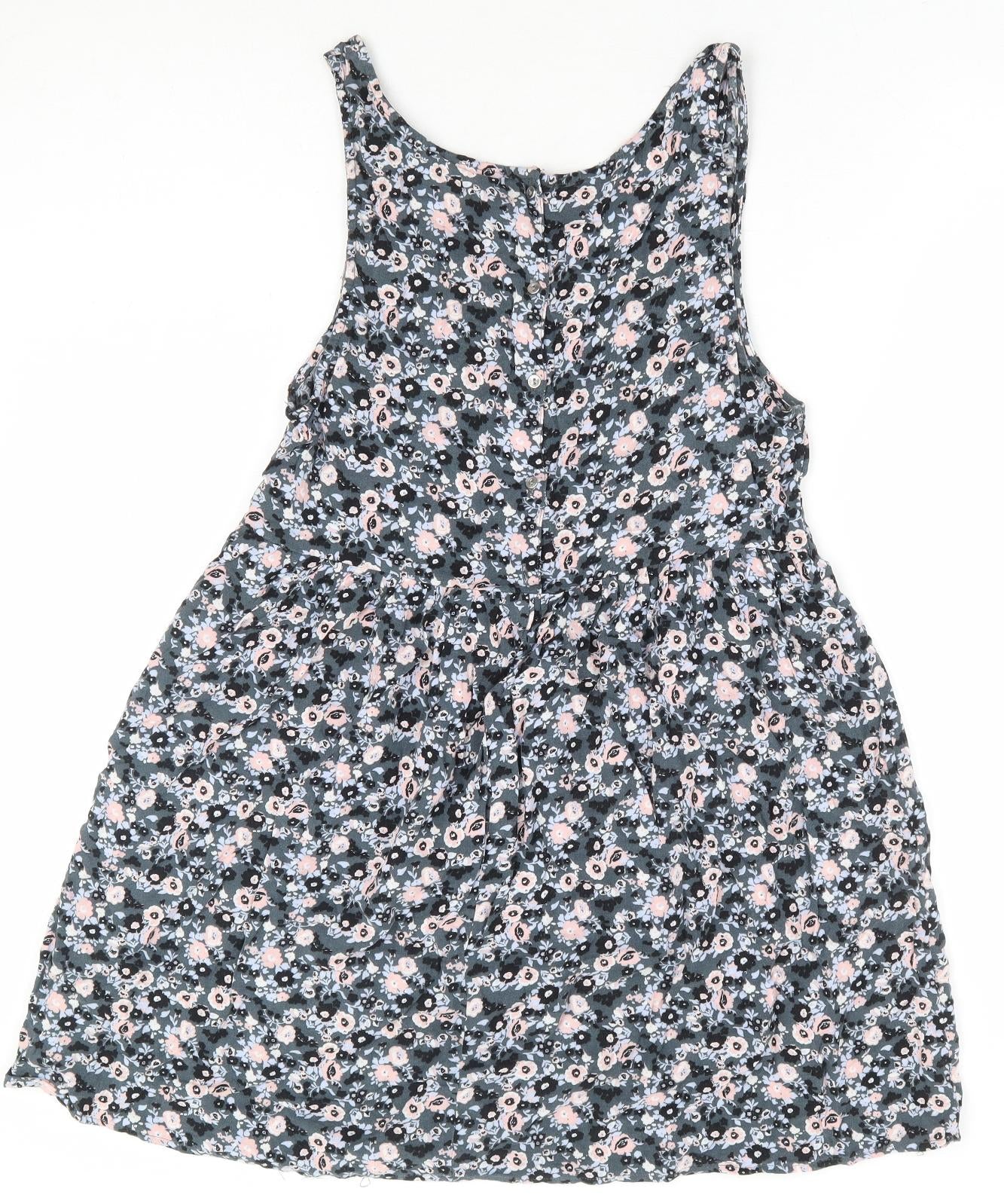 Divided by H&M Womens Grey Floral Viscose Fit & Flare Size 10 Scoop Neck Button