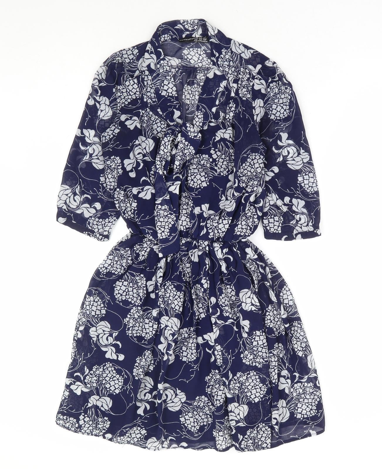 Primark Womens Blue Floral Polyester Fit & Flare Size 6 V-Neck Tie - Tie Neck Elastic Waist