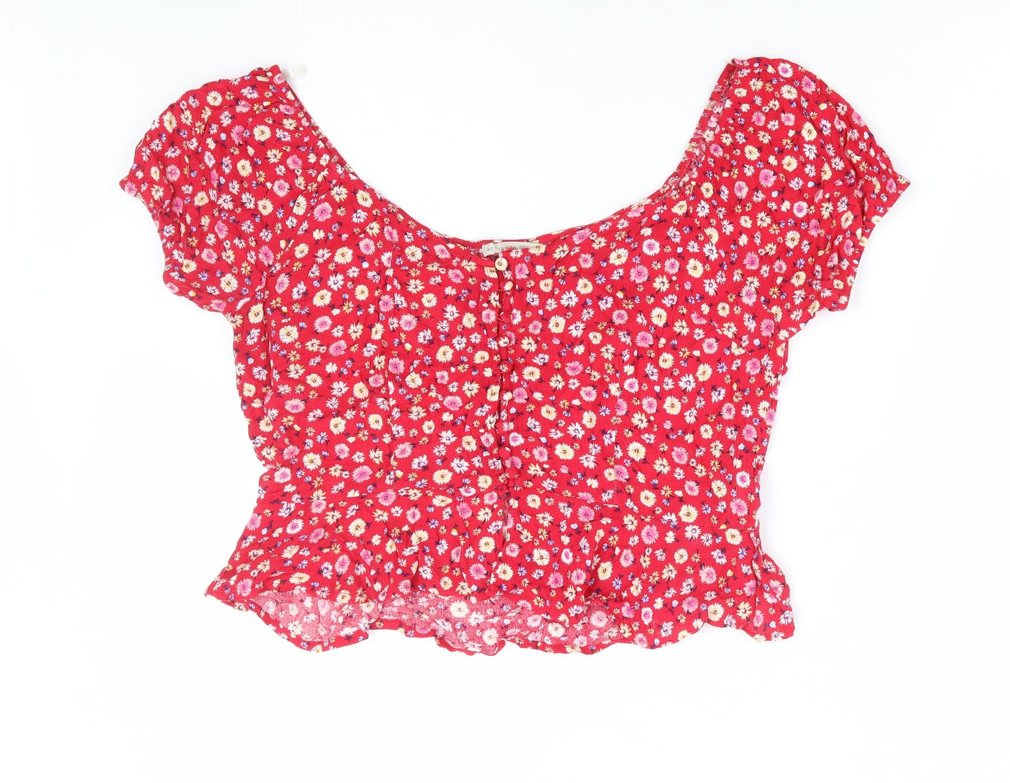Active USA Womens Red Floral Viscose Cropped Blouse Size L Off the Shoulder