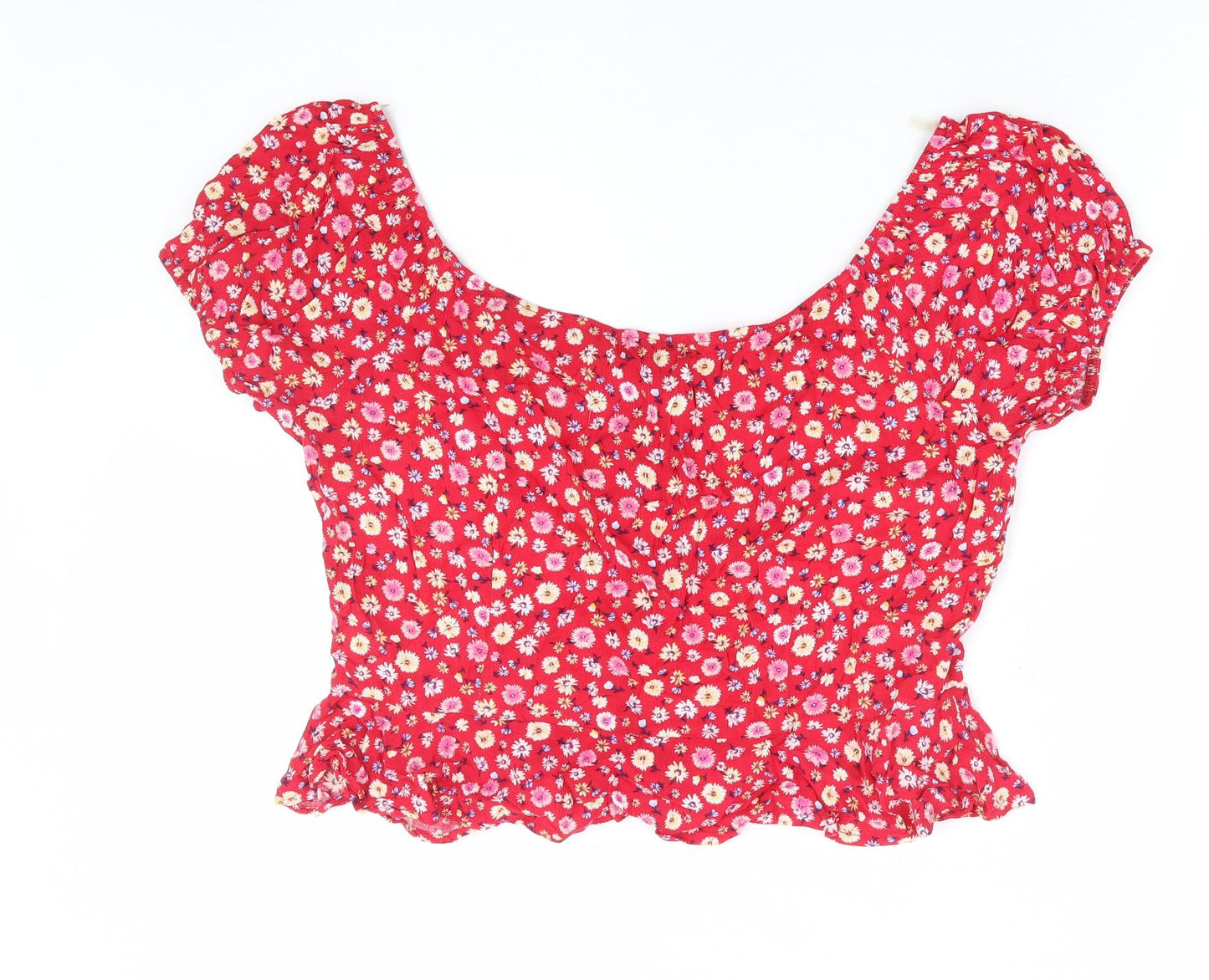 Active USA Womens Red Floral Viscose Cropped Blouse Size L Off the Shoulder