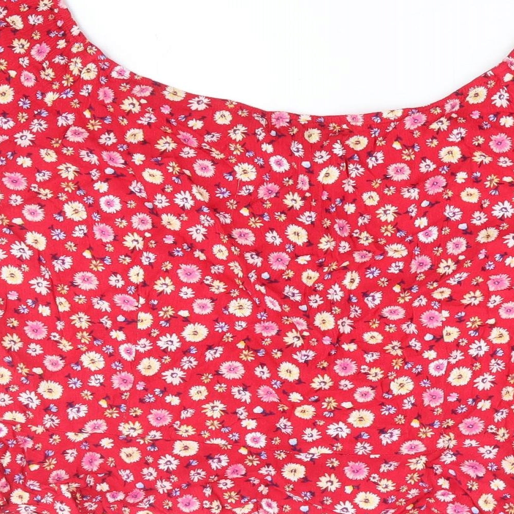 Active USA Womens Red Floral Viscose Cropped Blouse Size L Off the Shoulder