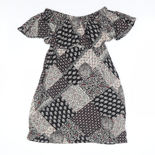 Topshop Womens Black Floral Viscose A-Line Size 8 Off the Shoulder Pullover - Patchwork Bardot