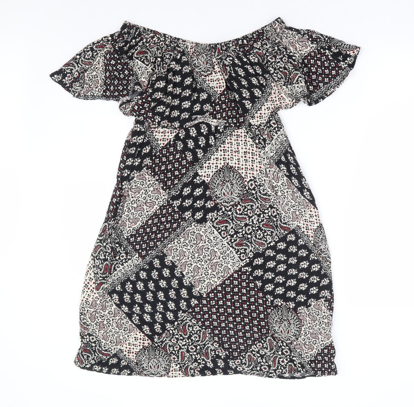 Topshop Womens Black Floral Viscose A-Line Size 8 Off the Shoulder Pullover - Patchwork Bardot