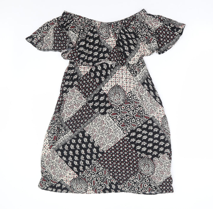 Topshop Womens Black Floral Viscose A-Line Size 8 Off the Shoulder Pullover - Patchwork Bardot