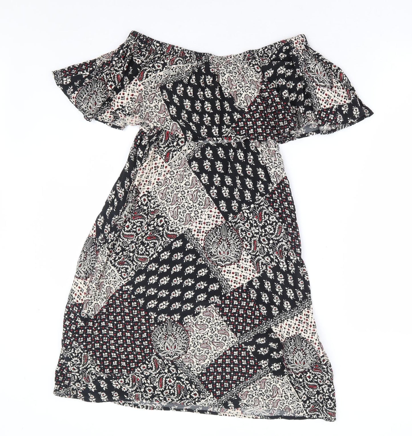 Topshop Womens Black Floral Viscose A-Line Size 8 Off the Shoulder Pullover - Patchwork Bardot