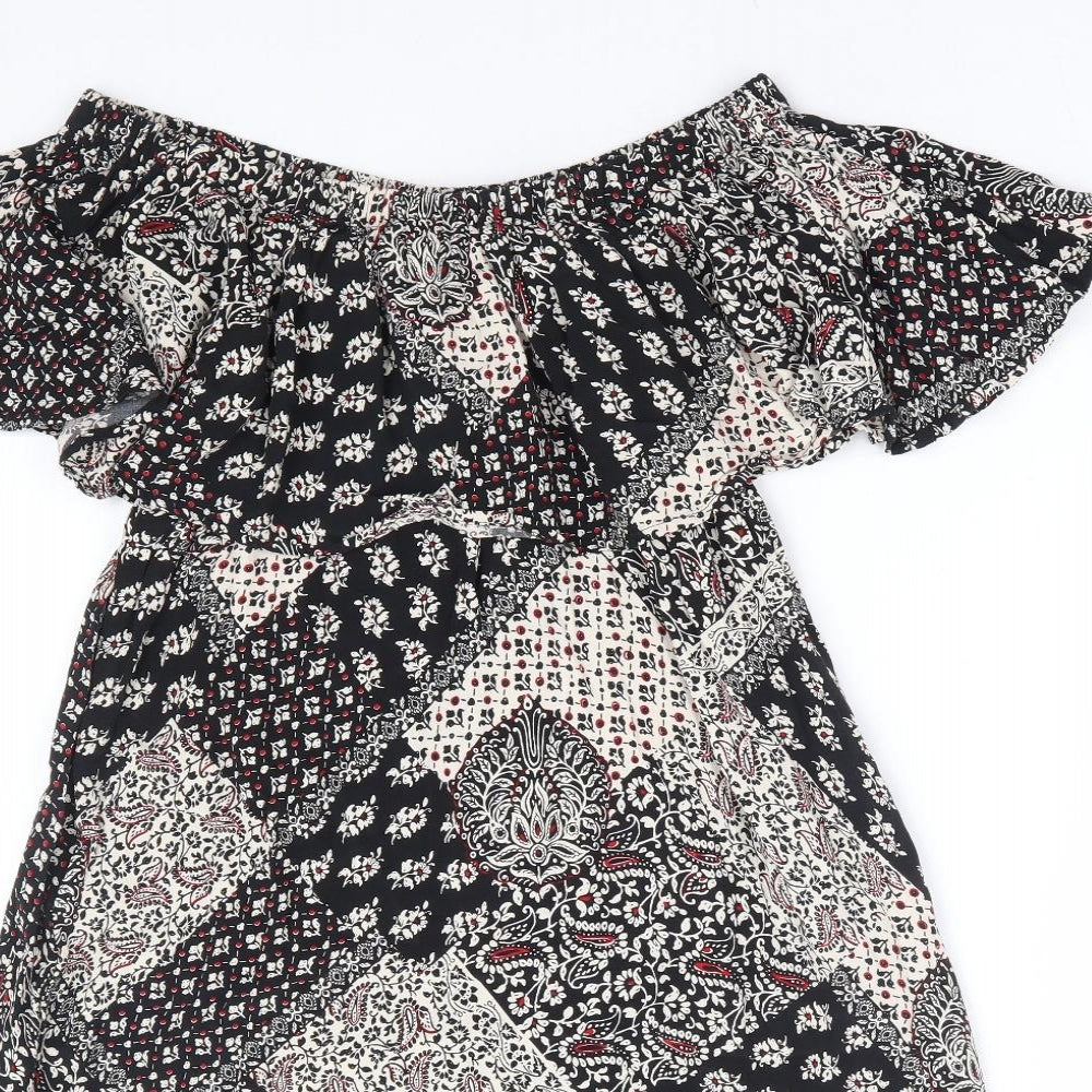 Topshop Womens Black Floral Viscose A-Line Size 8 Off the Shoulder Pullover - Patchwork Bardot
