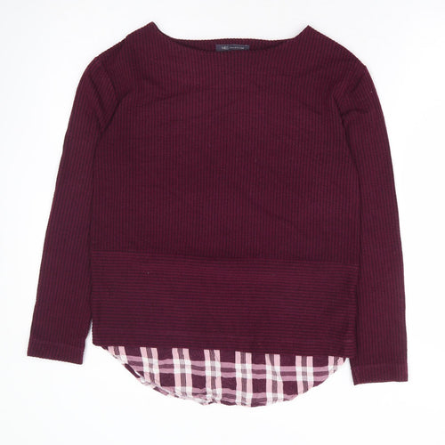 Marks and Spencer Womens Purple Plaid Polyester Basic Blouse Size 8 Boat Neck