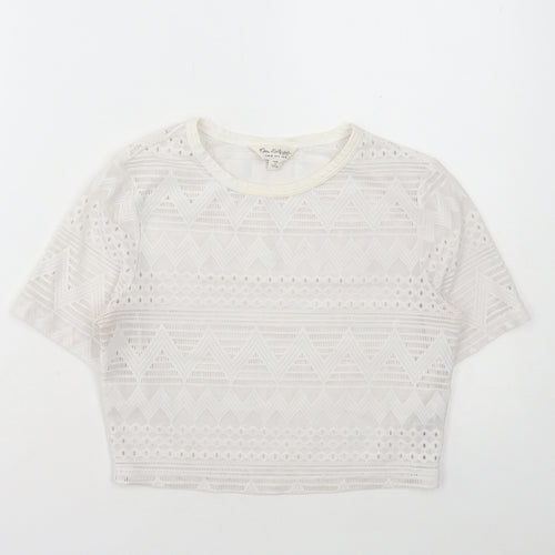 Miss Selfridge Womens White Polyamide Cropped T-Shirt Size 10 Round Neck