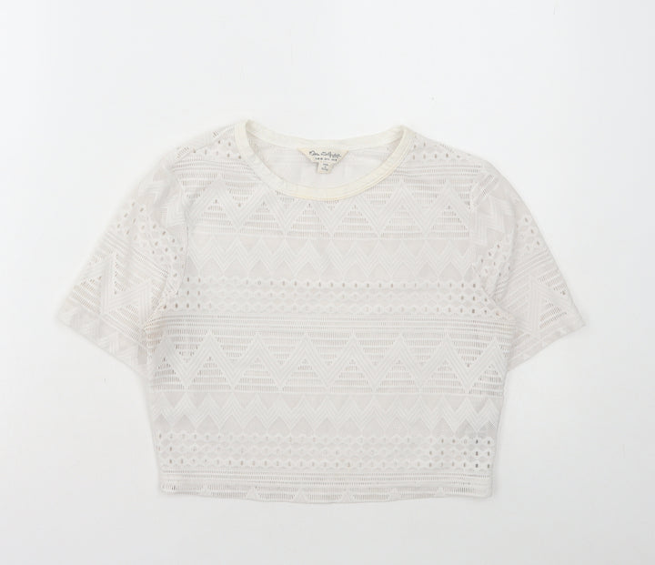 Miss Selfridge Womens White Polyamide Cropped T-Shirt Size 10 Round Neck