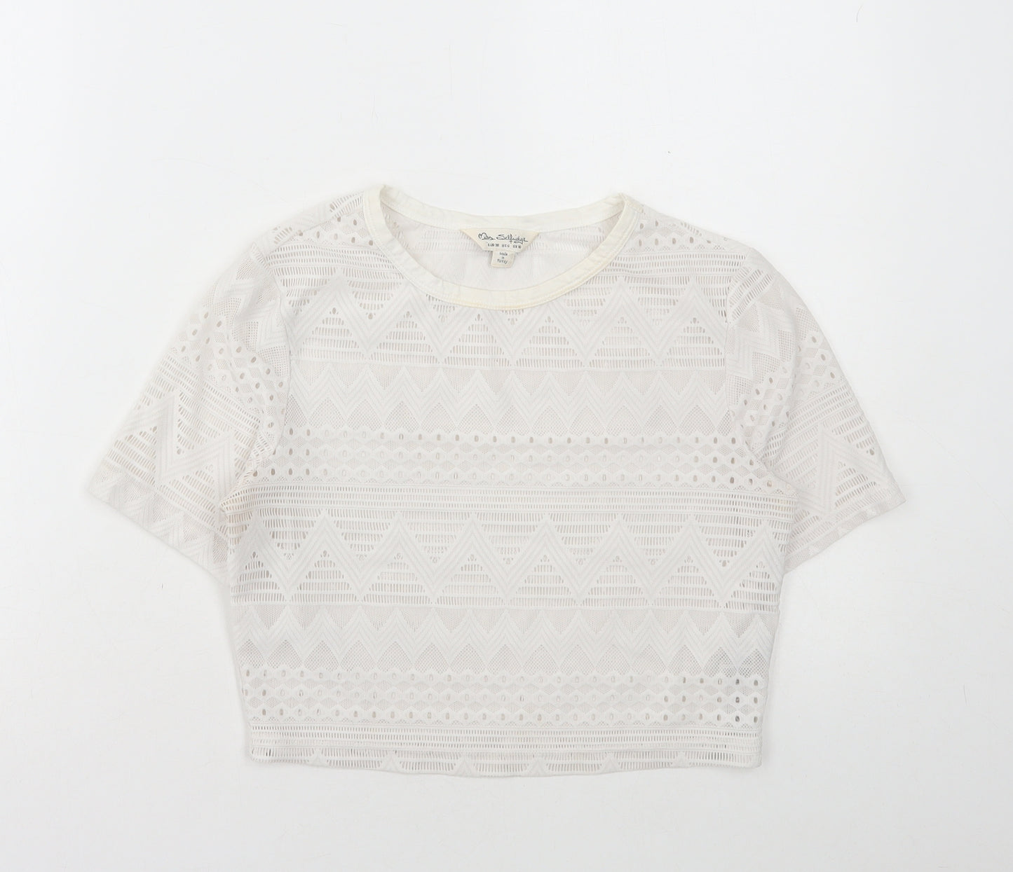 Miss Selfridge Womens White Polyamide Cropped T-Shirt Size 10 Round Neck
