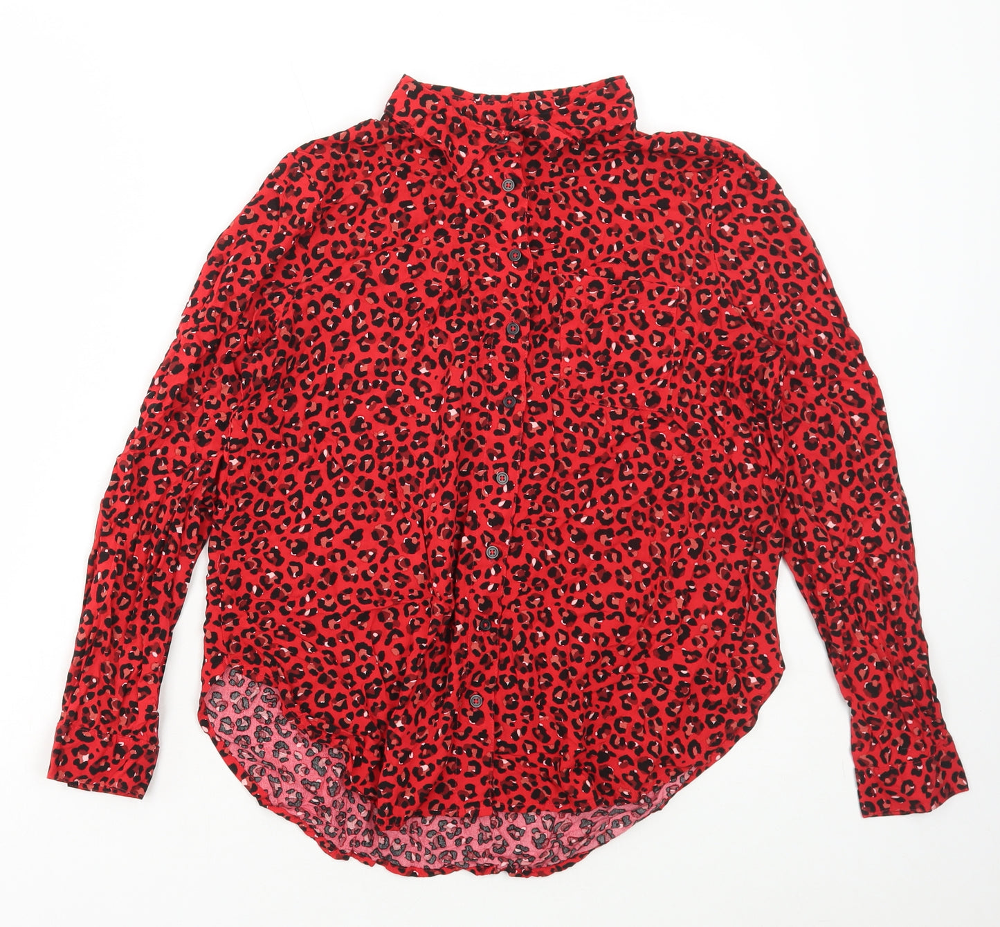 ESMARA Womens Red Animal Print Viscose Basic Button-Up Size 10 Collared - Leopard Print