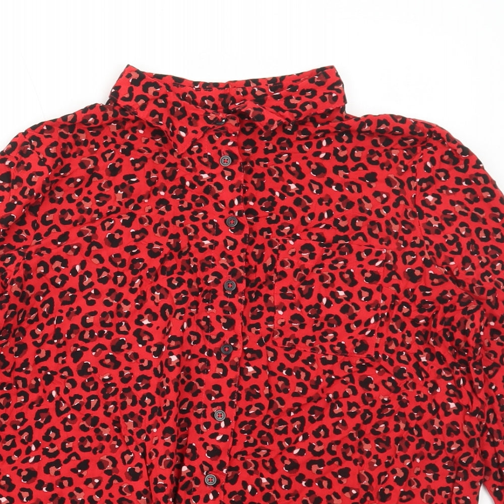ESMARA Womens Red Animal Print Viscose Basic Button-Up Size 10 Collared - Leopard Print